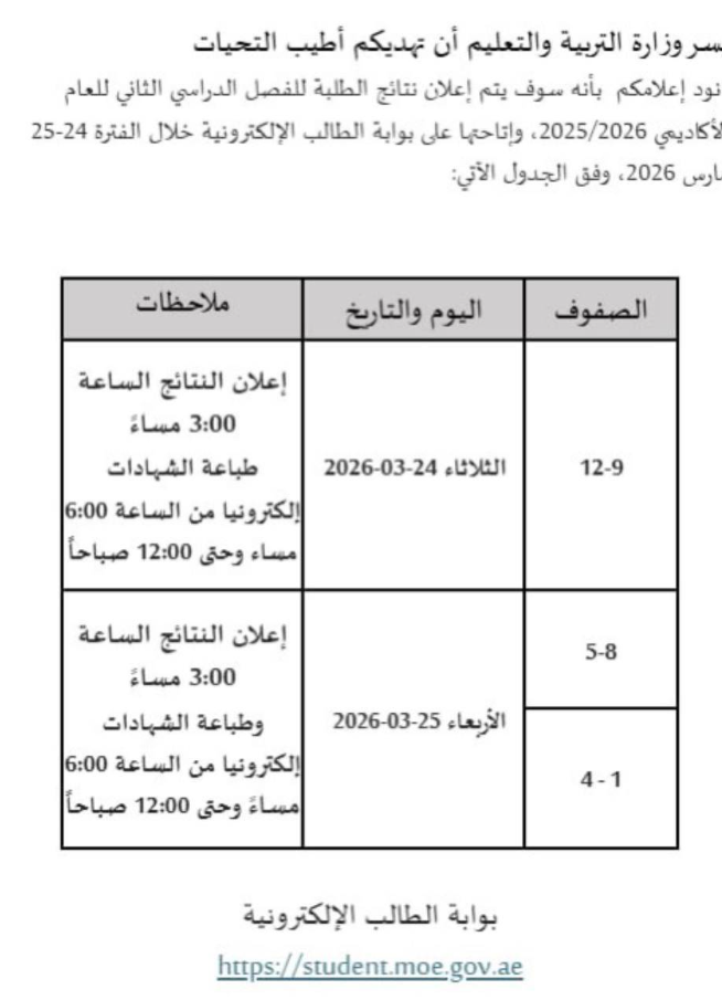 نتائج الفصل الثاني 2026 في الإمارات