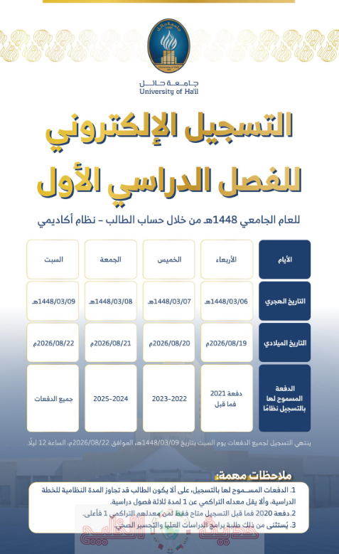 التسجيل الالكتروني للفصل الدراسي الاول بنر جامعة حائل 2026